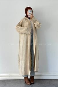 Beige V Neck Long Arm Acrylic Cotton Fabric Cardigan