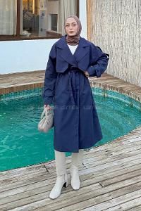 Navy Blue Long Arm Poplin Fabric Trench Coat