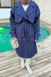 Navy Blue Long Arm Poplin Fabric Trench Coat