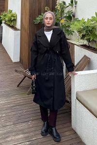 Black Long Arm Poplin Fabric Trench Coat