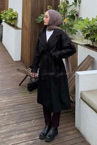 Black Long Arm Poplin Fabric Trench Coat
