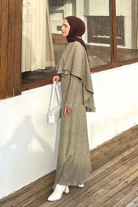 Lamelif Balıksırtı Kemerli Elbise Haki