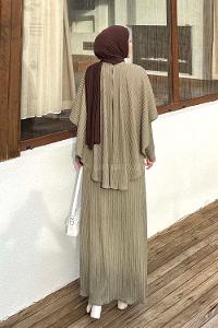 Lamelif Balıksırtı Kemerli Elbise Haki