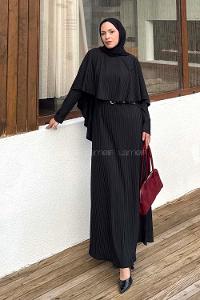 Lamelif Balıksırtı Kemerli Elbise Siyah