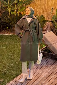 Anthracite V Neck Balloon Sleeve Arm Stamp Fabric Coat