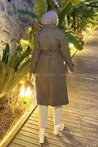 Anthracite V Neck Balloon Sleeve Arm Stamp Fabric Coat