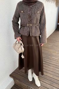 Lamelif Deri Etekli Tesettür Takım Acı Kahve