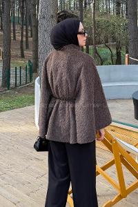 Lamelif Düğmeli Kemerli Panço Acı Kahve