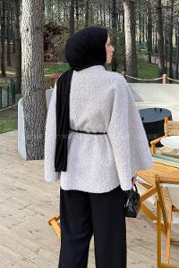 Lamelif Düğmeli Kemerli Panço Krem