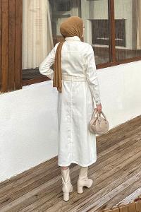 Ecru Shirt Collar Denim Dresess