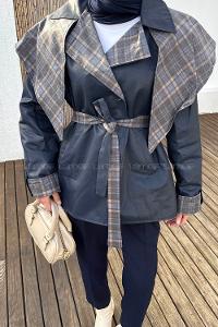 Lamelif Ekose Yaka Bağlama Detaylı Mont Lacivert