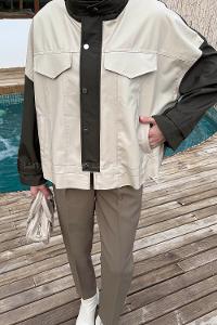 Lamelif Garnili Deri Ceket Haki