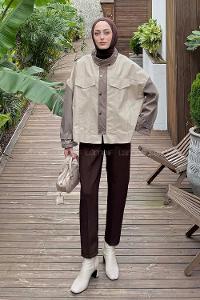 Lamelif Garnili Deri Ceket Krem