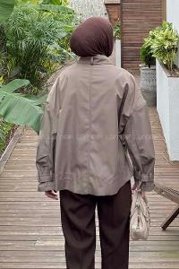 Lamelif Garnili Deri Ceket Krem