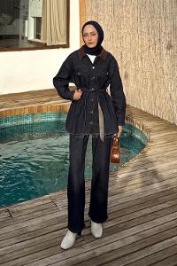 Lamelif Garnili İkili Kot Takım Koyu Mavi