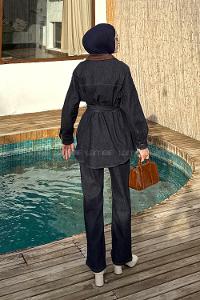 Lamelif Garnili İkili Kot Takım Koyu Mavi