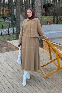 Lamelif Gold Düğme Detaylı Etekli İkili Takım Koyu Bej