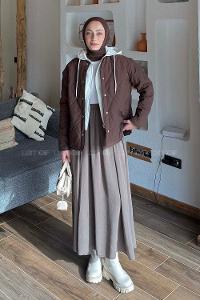 Lamelif Kapüşonlu Kapitone Mont Kahverengi