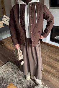 Lamelif Kapüşonlu Kapitone Mont Kahverengi