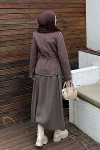 Lamelif Kemerli Kürk Yaka Kaban Kahverengi