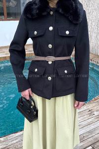 Lamelif Kemerli Kürk Yaka Kaban Siyah