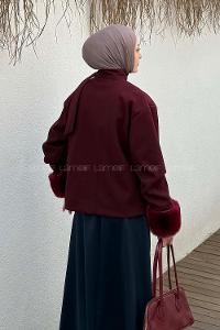 Lamelif Kol Kürk Detaylı Kaban Bordo