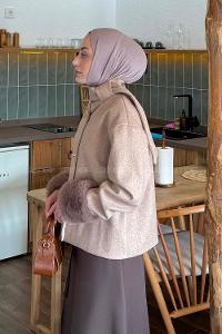 Lamelif Kol Kürk Detaylı Kaban Sütlü Kahve