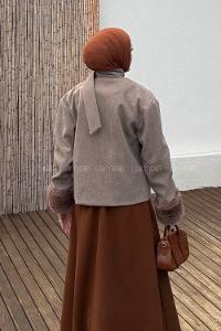 Lamelif Kol Kürk Detaylı Kaban Vizonrengi