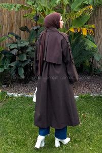 Lamelif Kuşaklı Poliviskon Trenç Kahverengi