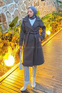 Anthracite V Neck Long Arm Stamp Fabric Coat