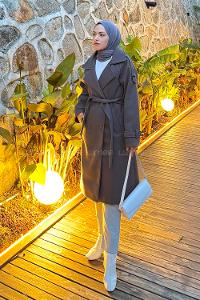 Anthracite V Neck Long Arm Stamp Fabric Coat