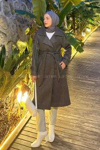 Anthracite V Neck Long Arm Stamp Fabric Coat