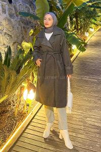 Anthracite V Neck Long Arm Stamp Fabric Coat