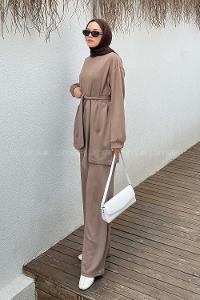 Lamelif Oysho Bağlama Detaylı İkili Takım Sütlü Kahve