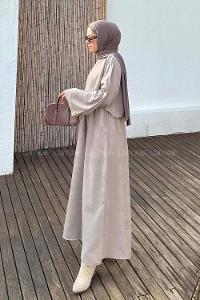 Lamelif Süet Etekli Tesettür Takım Taş Rengi