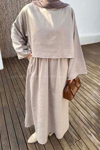 Lamelif Süet Etekli Tesettür Takım Taş Rengi