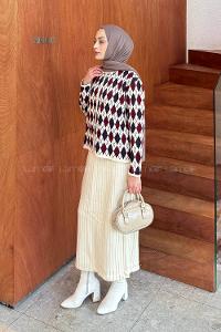 Lamelif Baklava Desen Etekli Triko Bordo-Bej