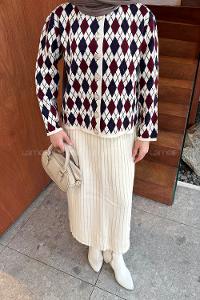 Lamelif Baklava Desen Etekli Triko Bordo-Bej