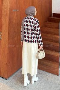 Lamelif Baklava Desen Etekli Triko Bordo-Bej