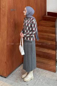 Lamelif Baklava Desen Etekli Triko Takım Antrasit-Bordo