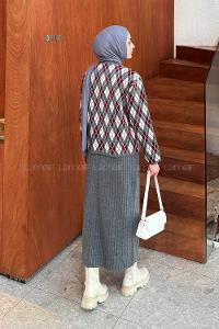 Lamelif Baklava Desen Etekli Triko Takım Antrasit-Bordo