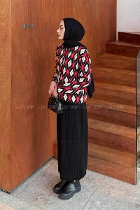 Lamelif Baklava Desen Etekli Triko Takım Bordo-Siyah