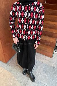 Lamelif Baklava Desen Etekli Triko Takım Bordo-Siyah