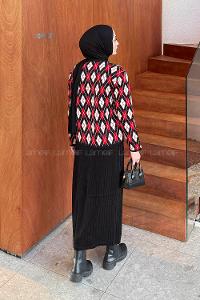 Lamelif Baklava Desen Etekli Triko Takım Bordo-Siyah