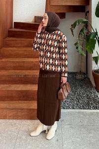 Lamelif Baklava Desen Etekli Triko Takım Camel