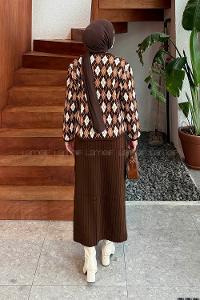 Lamelif Baklava Desen Etekli Triko Takım Camel