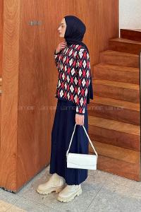 Lamelif Baklava Desen Etekli Triko Takım Lacivert-Bordo