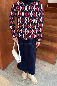Lamelif Baklava Desen Etekli Triko Takım Lacivert-Bordo