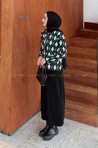 Lamelif Baklava Desen Etekli Triko Takım Siyah-Zümrüt