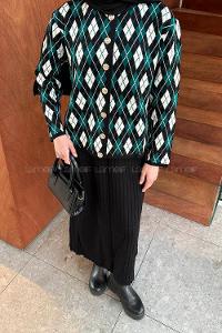 Lamelif Baklava Desen Etekli Triko Takım Siyah-Zümrüt